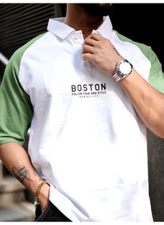 Maniac Mens Printed Raglan Polo Neck 3/4th Sleeve White and Hunter Green Cotton Oversized T-Shirt  - Image 4