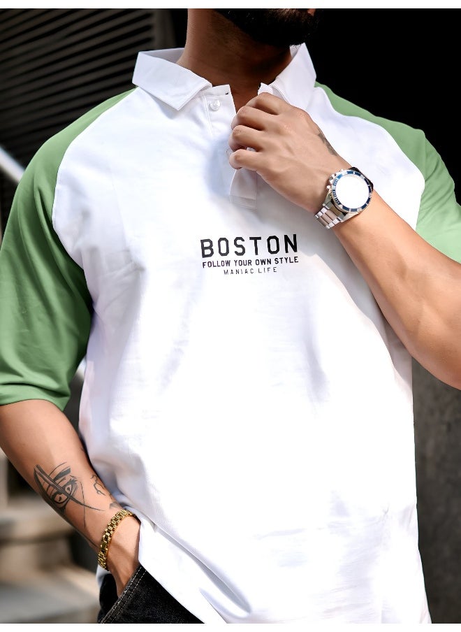 Maniac - Mens Printed Raglan Polo Neck 3/4th Sleeve White and Hunter Green Cotton Oversized T-Shirt - Image 1