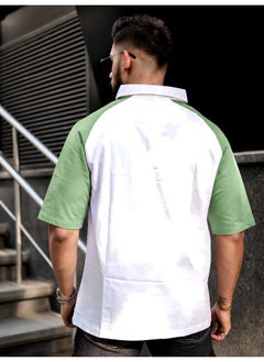 Maniac Mens Printed Raglan Polo Neck 3/4th Sleeve White and Hunter Green Cotton Oversized T-Shirt  - Image 3