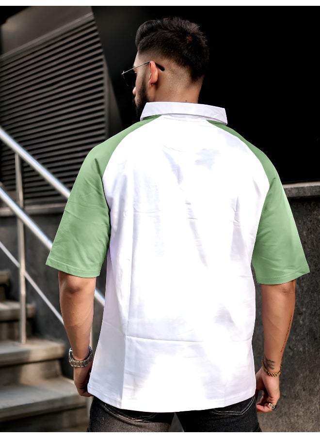 Maniac - Mens Printed Raglan Polo Neck 3/4th Sleeve White and Hunter Green Cotton Oversized T-Shirt - Image 1