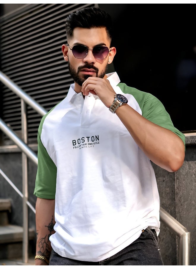 Maniac - Mens Printed Raglan Polo Neck 3/4th Sleeve White and Hunter Green Cotton Oversized T-Shirt - Image 1