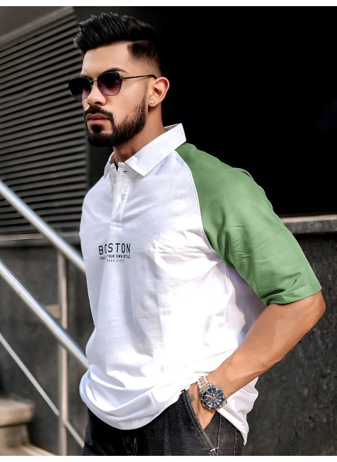 Maniac - Mens Printed Raglan Polo Neck 3/4th Sleeve White and Hunter Green Cotton Oversized T-Shirt - Image 1