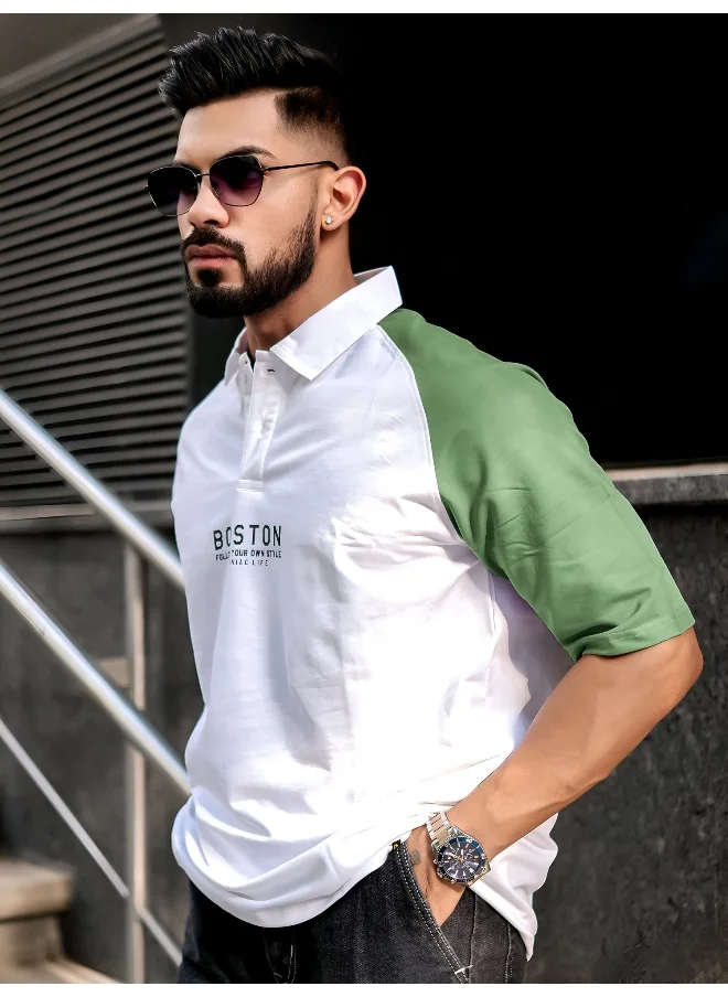 مانياك Mens Printed Raglan Polo Neck 3/4th Sleeve White and Hunter Green Cotton Oversized T-Shirt