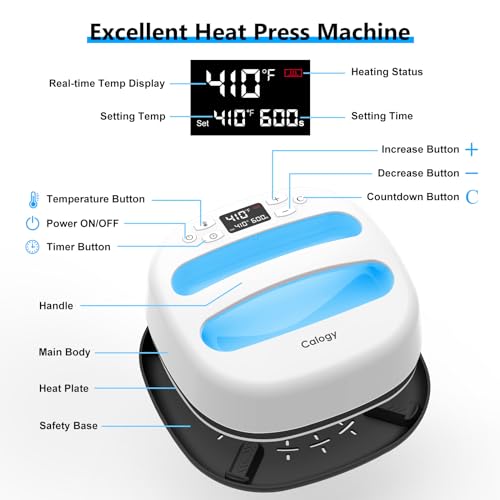 Calogy Heat Press Machine for T-Shirts 10"X10", Portable Heat Press Fast Up to 410℉(210 ºC), Precise Temp Control, 15 Mins Auto Off for Bag, Pillows Sublimation Vinly Transfer (White Blue, 10 x 10 In) - Image 5