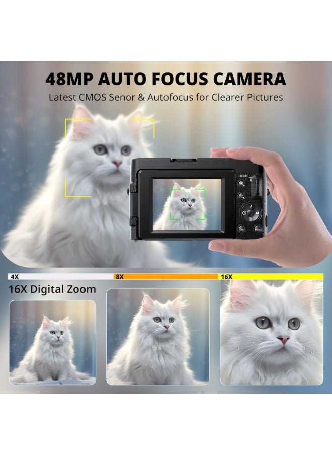 TANGBLIB 4K Digital Camera for Photography, 32GB TF Card, 48MP Autofocus Vlogging Camera for YouTube with 3'' 180°Flip Screen, 16X Digital Zoom Anti-Shake Compact Travel Camera  - Image 3