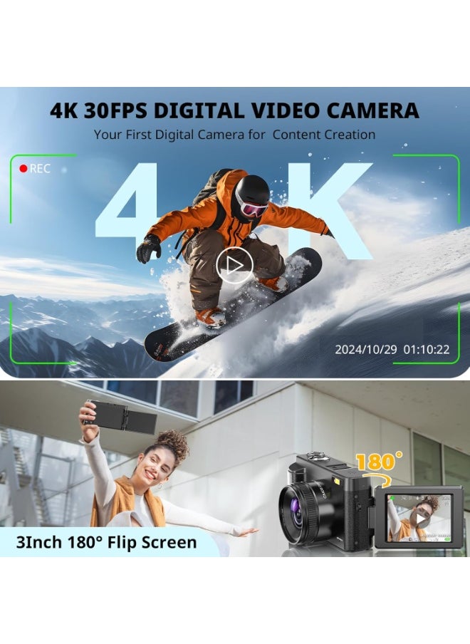 TANGBLIB 4K Digital Camera for Photography, 32GB TF Card, 48MP Autofocus Vlogging Camera for YouTube with 3'' 180°Flip Screen, 16X Digital Zoom Anti-Shake Compact Travel Camera  - Image 2