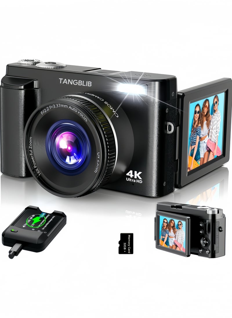 TANGBLIB 4K Digital Camera for Photography, 32GB TF Card, 48MP Autofocus Vlogging Camera for YouTube with 3'' 180°Flip Screen, 16X Digital Zoom Anti-Shake Compact Travel Camera  - Image 1