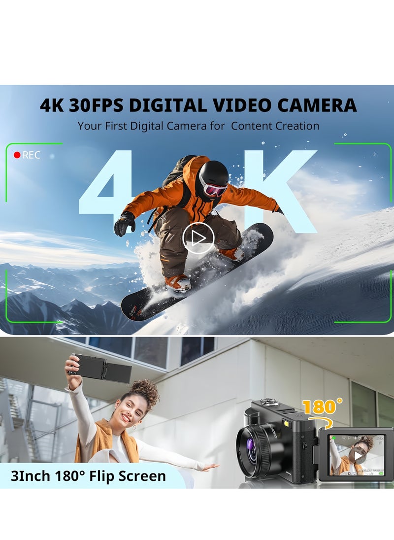 TANGBLIB 4K Digital Camera for Photography, 32GB TF Card, 48MP Autofocus Vlogging Camera for YouTube with 3'' 180°Flip Screen, 16X Digital Zoom Anti-Shake Compact Travel Camera  - Image 2