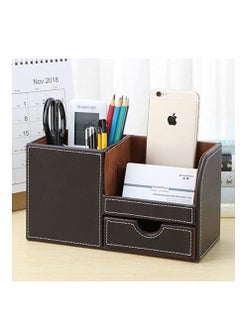 Y&D Leather Desk Organizer Pen Pencil Holder, Stationery Storage Box, Multi-Function Office Organizer, with Small Drawer for Pen, Phone, Pencil, Remote Control (Brown)  - Image 2