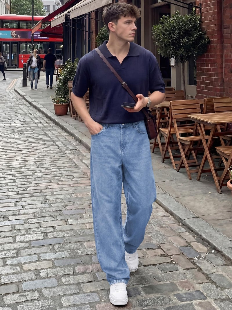 JMIERR Men's Baggy Wide Leg Jeans Loose Fit Casual Straight Denim Skater Jean Y2K Hip Hop Streetwear Relaxed Vintage Pants Oversized 80s Carpenter Jeans, XL, Beau Blue - Image 3