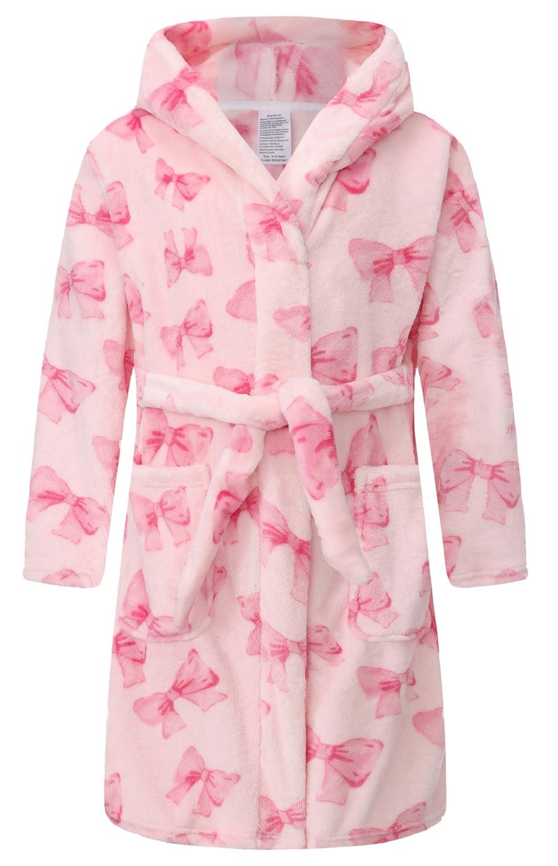 Best for All Girls Fleece Hooded Robes Kids Warm Bath Robe for Girls Soft Fuzzy Bathrobe(Pink Bow,11-12Years) - Image 1