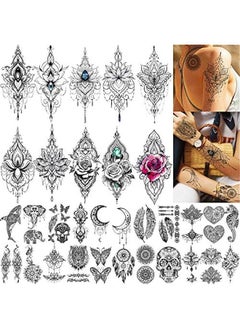 32 Sexy Black Lotus Temporary Tattoos for Women, Girls Indian Tribal Lace Sticker Mandala Flower erfly Rose Dreamcatcher Elephant Henna Kit Adult
