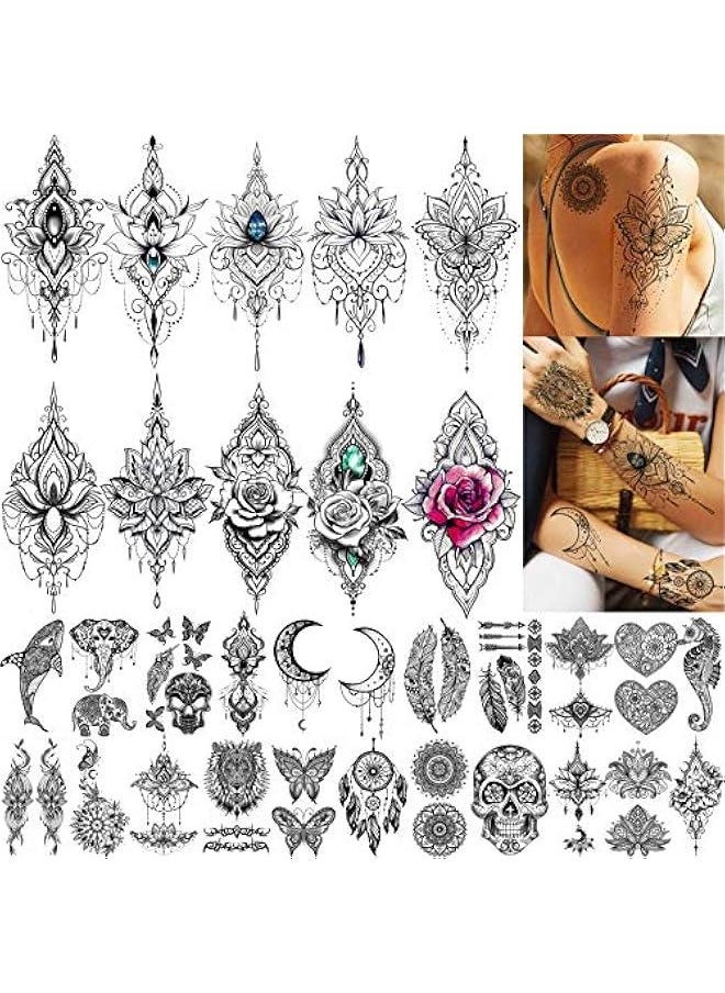 Arabest - 32 Sexy Black Lotus Temporary Tattoos for Women, Girls Indian Tribal Lace Sticker Mandala Flower erfly Rose Dreamcatcher Elephant Henna Kit Adult - Image 1