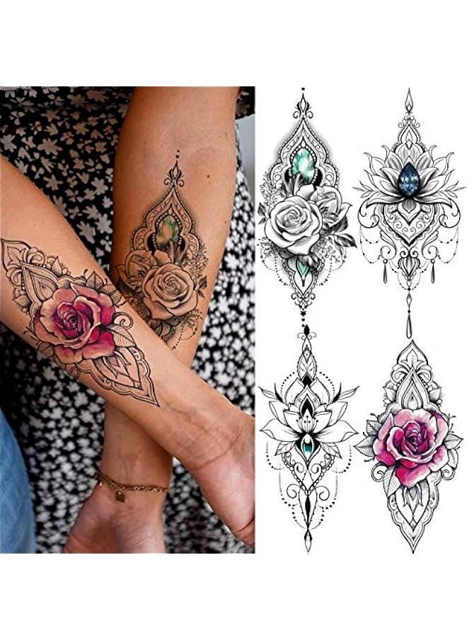Arabest - 32 Sexy Black Lotus Temporary Tattoos for Women, Girls Indian Tribal Lace Sticker Mandala Flower erfly Rose Dreamcatcher Elephant Henna Kit Adult - Image 1