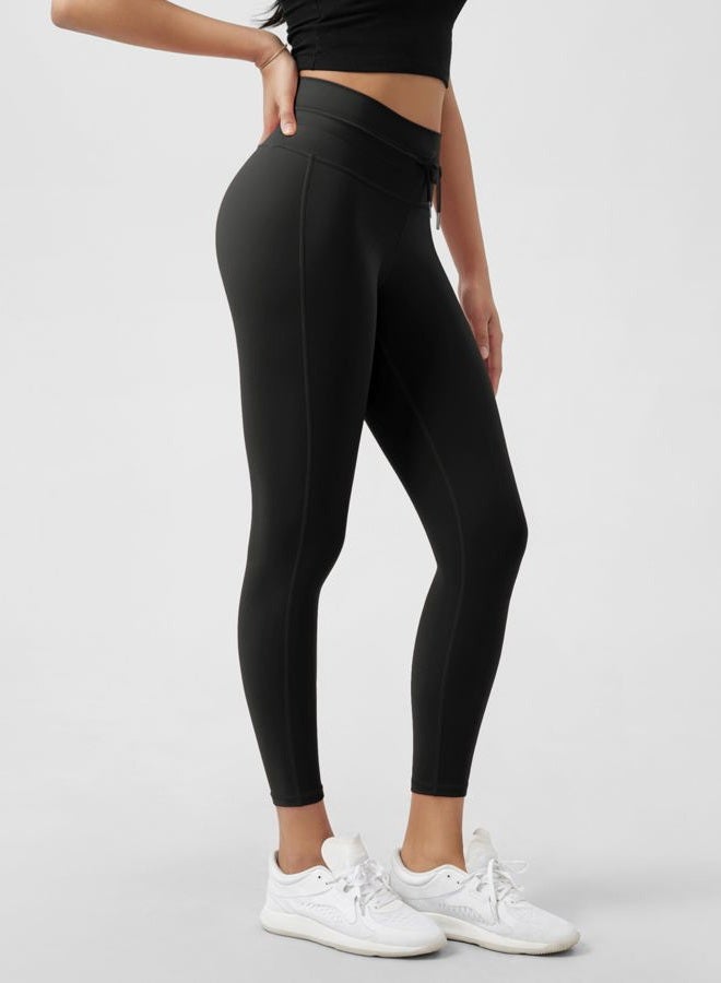 ODODOS Women's Drawstring Tie Daily Leggings 25" / 28" High Waist Workout Yoga Pants, Black, M - Image 2