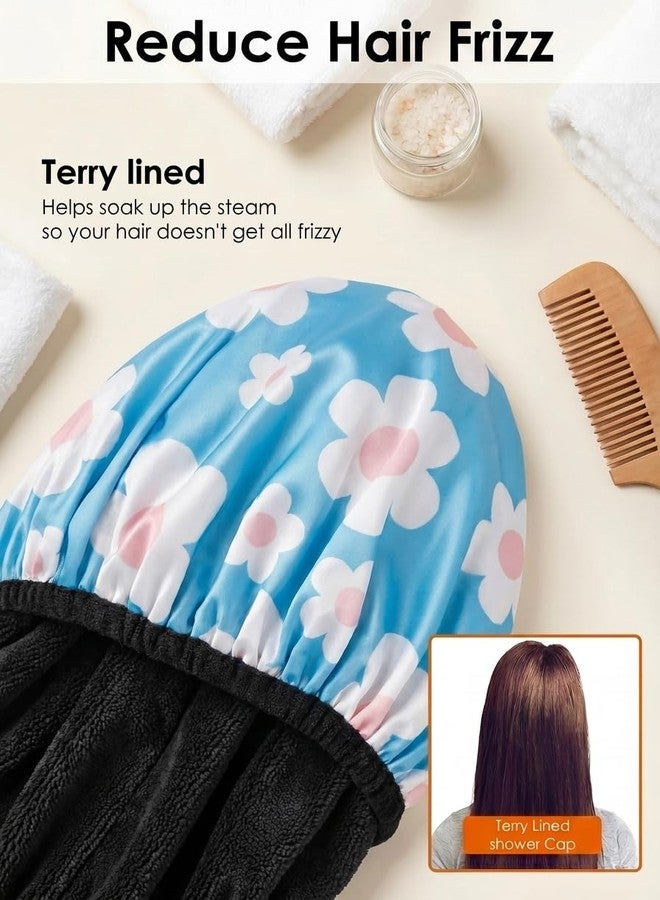 Aquior Shower Cap,Extra Large Triple Layer Bathing Cap with Dry Hair Function for Women Microfiber Terry Cloth Silky Satin 100% Waterproof Reusable Long Hair Bath Caps (Light Blue flora) - Image 4