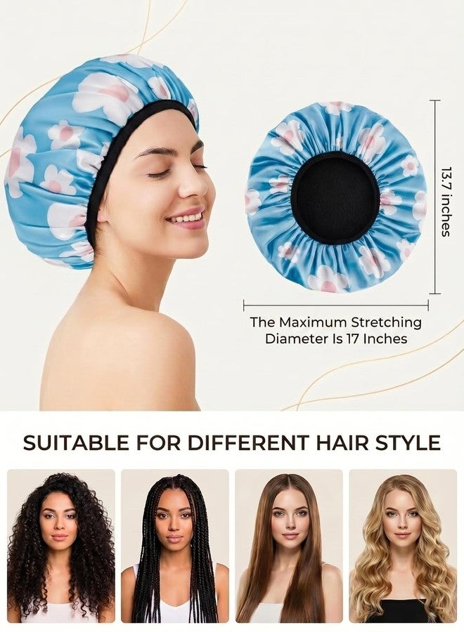 Aquior Shower Cap,Extra Large Triple Layer Bathing Cap with Dry Hair Function for Women Microfiber Terry Cloth Silky Satin 100% Waterproof Reusable Long Hair Bath Caps (Light Blue flora) - Image 2