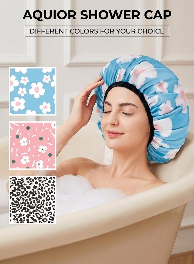 Aquior Shower Cap,Extra Large Triple Layer Bathing Cap with Dry Hair Function for Women Microfiber Terry Cloth Silky Satin 100% Waterproof Reusable Long Hair Bath Caps (Light Blue flora) - Image 5