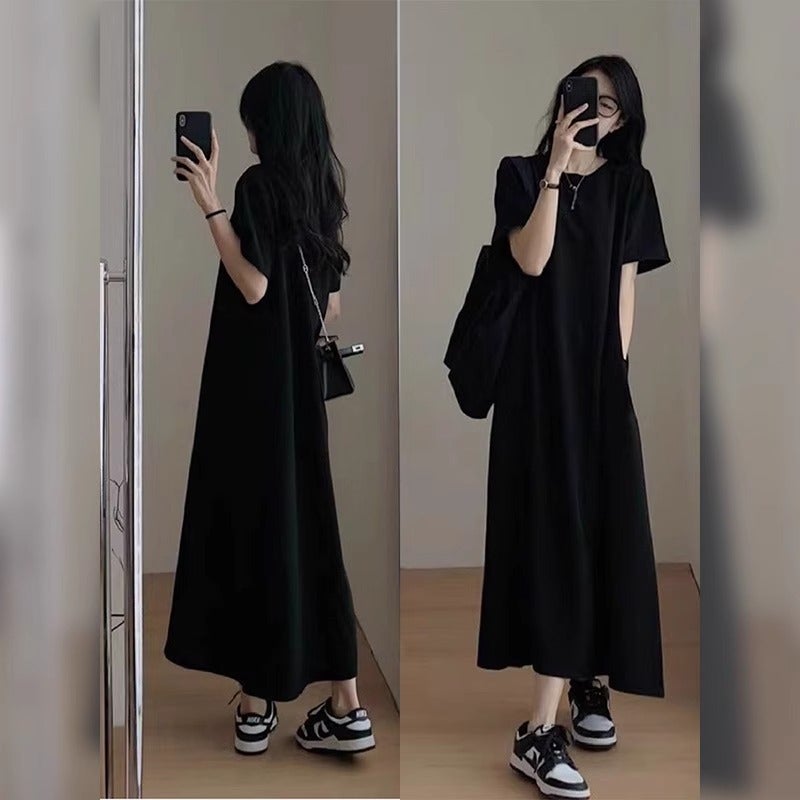Pregnant Womens Summer Dress dress 2024 New Korean Style Loose Slimming Round Neck Summer Belly Covering Slimming Pregnant Womens Summer Dress Black Dress 