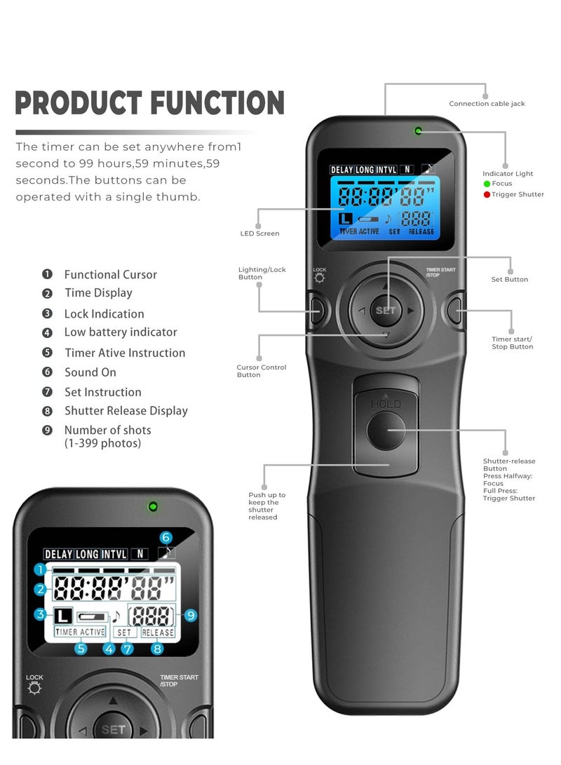 Digital Timer Remote Shutter Release Trigger Intervalometer for Canon EOS Rebel T6 T7 80D 70D 60D 60Da 77D T7i T6i T6s SL2 SL1 T5 T3 T5i T4i T3i T2i EOS R M6 M5 Cameras