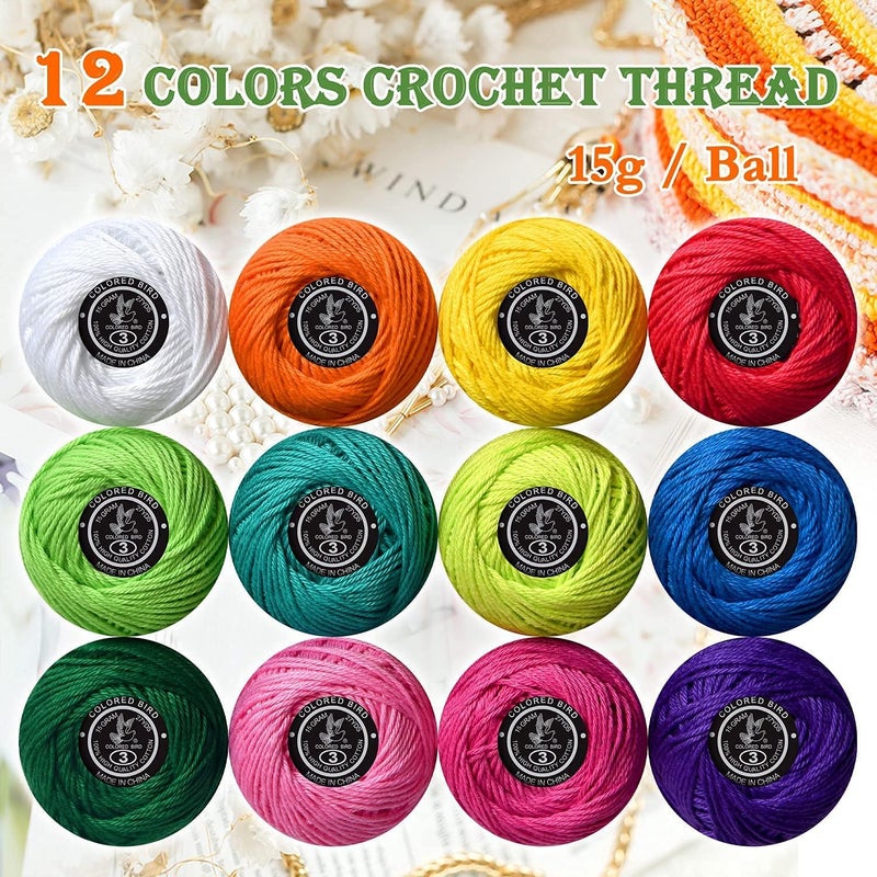 colored bird 12 Colors Cotton Size 3 Crochet Thread Craft Yarn for Knitting and Crochet Perfect Beginner Kit - Image 3
