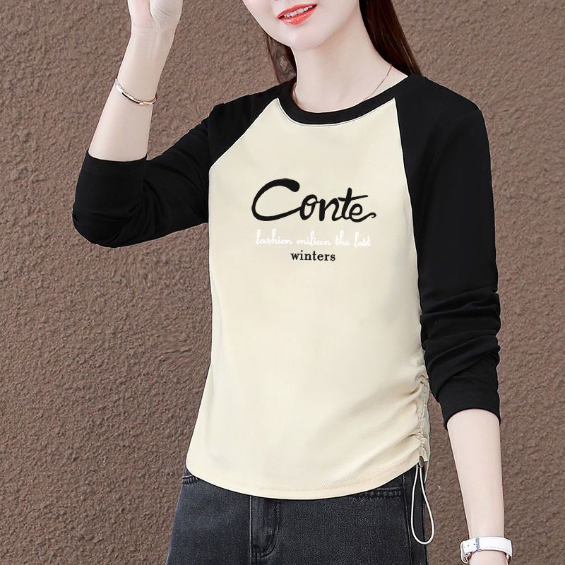 100 Cotton Long-Sleeved T-Shirt Autumn Contrast Printed Loose Slimming All-Match Raglan Sleeve T-Shirt For Women - Image 4