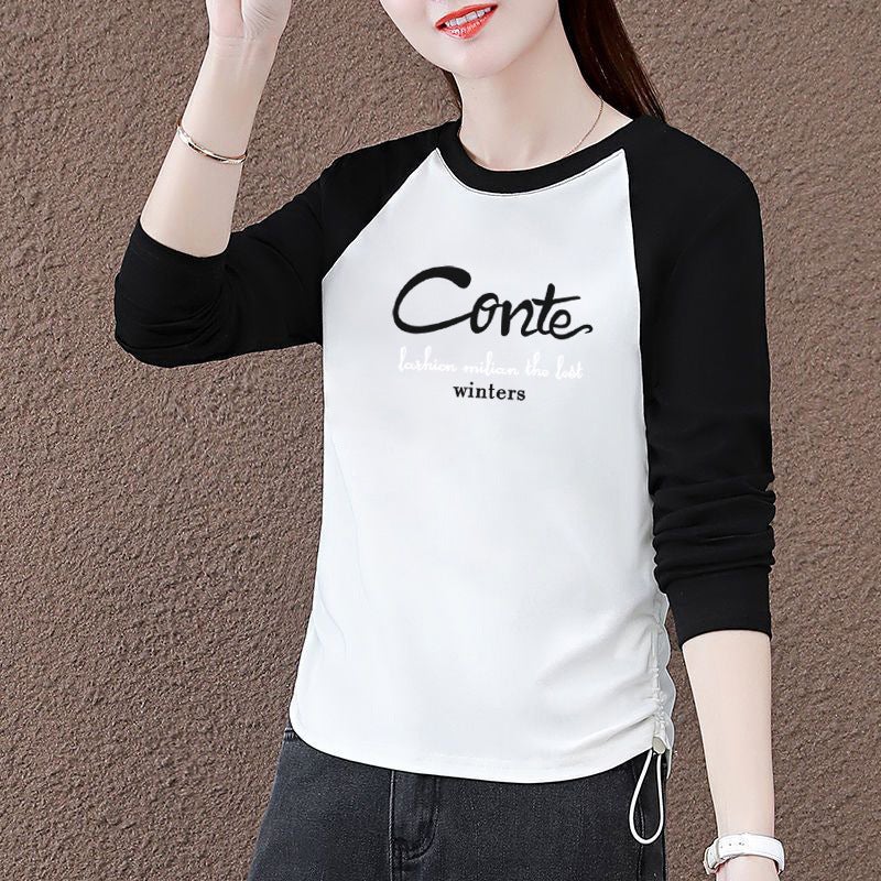100 Cotton Long-Sleeved T-Shirt Autumn Contrast Printed Loose Slimming All-Match Raglan Sleeve T-Shirt For Women - Image 1
