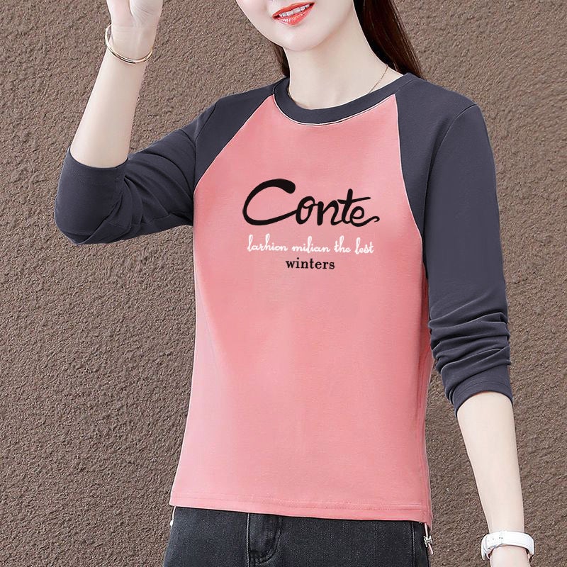 100 Cotton Long-Sleeved T-Shirt Autumn Contrast Printed Loose Slimming All-Match Raglan Sleeve T-Shirt For Women - Image 2