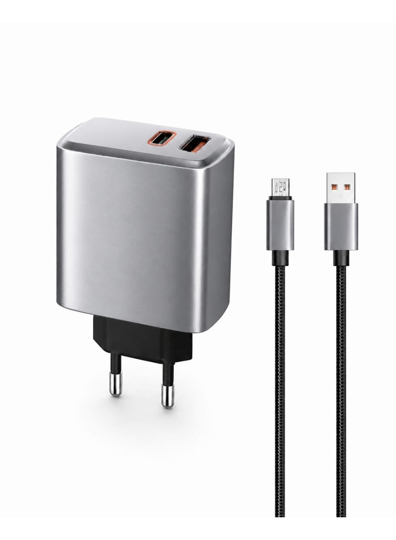 شاحن حائط بمنفذين (طرازST-31E ) مع كابل Micro-USB، يدعم الشحن السريع بقوة 38 واط.