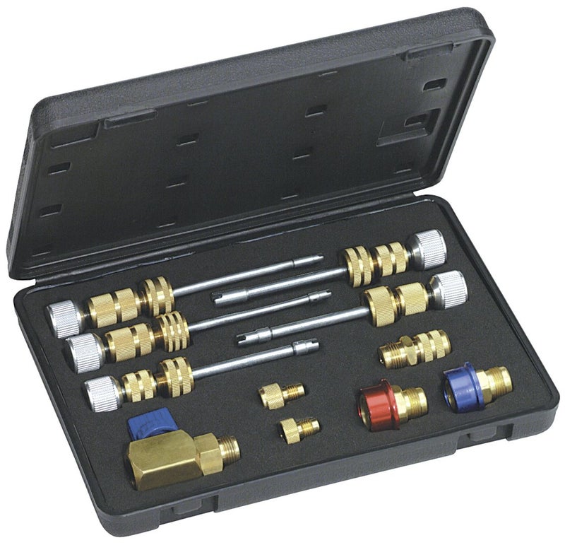 Mastercool 58490 R134a Valve Core RemoverInstaller Kit Works Under Pressure Covers Standard JRA Eaton Cores Includes Shafts Adapters R134a Fittings Case