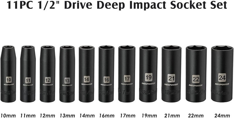MIXPOWER 11-Piece 1/2-Inch Drive Deep Impact Socket Set, CR-V, Metric, 6 Point, Deep, 10-24mm - Image 3