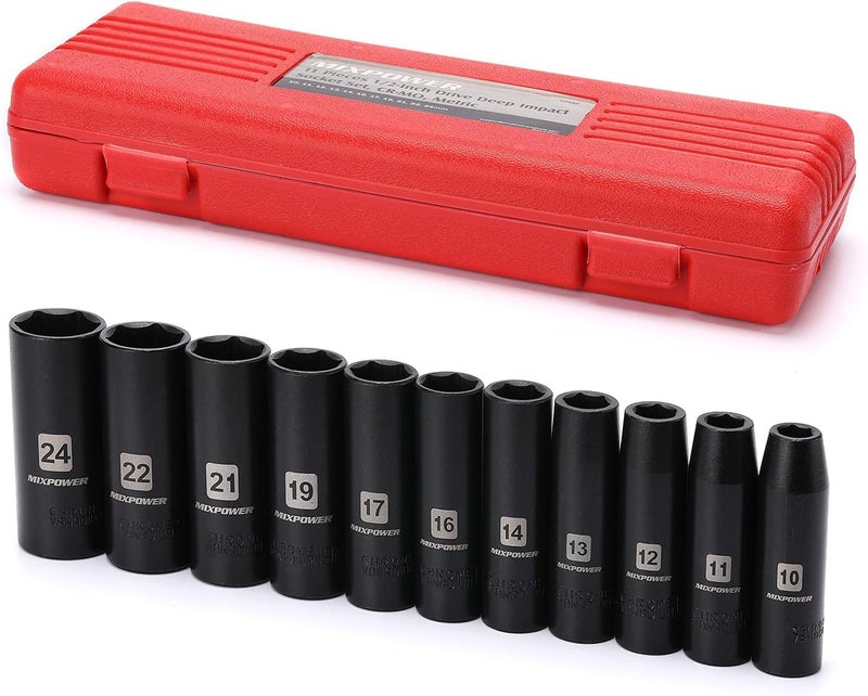 MIXPOWER 11-Piece 1/2-Inch Drive Deep Impact Socket Set, CR-V, Metric, 6 Point, Deep, 10-24mm - Image 1