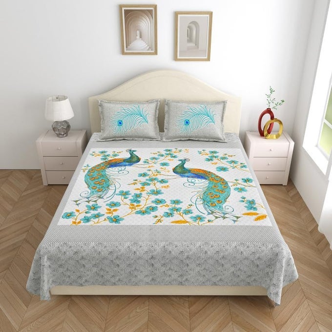 KOTTS STITCH JAIPURI PEACOCK MAHARAJA COTTON DOUBLE BEDSHEET WITH 2 PILLOW COVERS 93X108 FAST COLORS TRADITIONAL JAIPURI PRINT NO SKRINAGE 210 TC BLUE GREEN ORANGE COLOUR