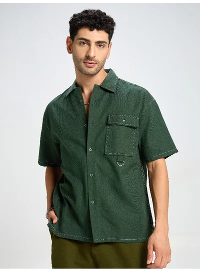 Beyoung Army Green Contrast Stitch Shirt for Men