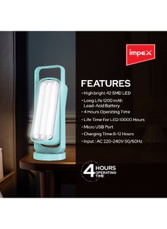 Impex مصباح طوارئ LED قابل لإعادة الشحن، سطوع عالي 42 SMD فانوس محمول يعمل لمدة 4 ساعات، منفذ USB صغير، مناسب لانقطاع التيار الكهربائي والمشي لمسافات طويلة والتخييم-IL680 B  - Image 3