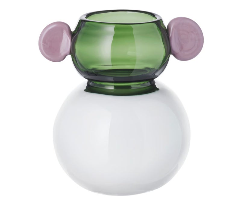 Decorative Glass Vase, White Green Pink, 15 cm Hand-Blown Tinted Glass Vase with Playful Round Design, Unique Flower Vase and Home Decor Accent for Table, Shelf, Bedroom and Office - Image 1
