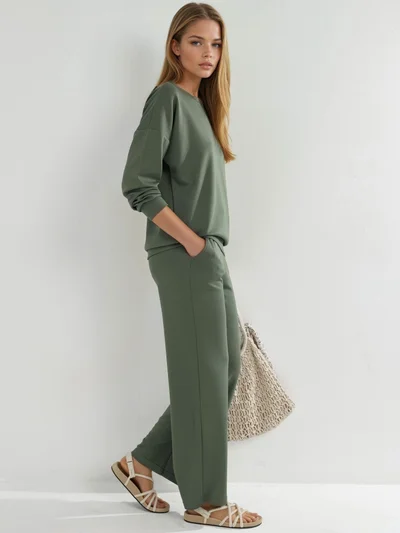 HICCUP Modal Touch Crew Neck Sweatshirt & Wide Leg Pants Two-Piece Set Bersan Collection