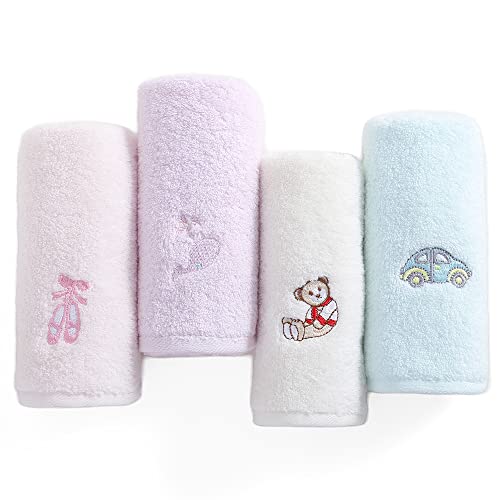 sense gnosis 100% Cotton Kids Facial Towels, Fingertip Towels for Bathroom Towel Set Embroidered Children Towels & Baby Washcloths, 10 x 20 inches(4 Pack in 4 Color) - Image 1