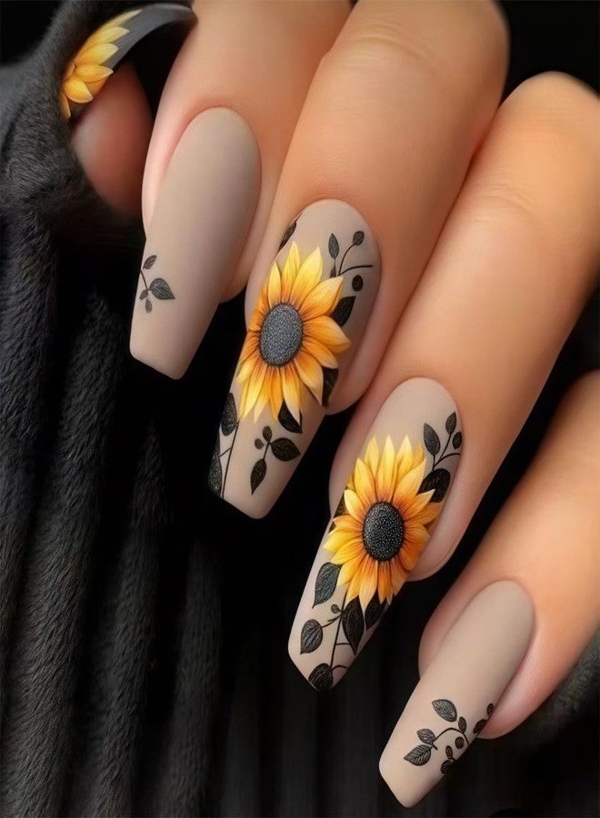 HJKDSFD Light Beige Press on Nails Sunflower Fake Nails Medium Length Coffin Shaped Acrylic Glue on Nail Matte Full Cover False Nails Fall Winter Acrylic Stick on Nail for Women Girls 24Pcs - Image 1