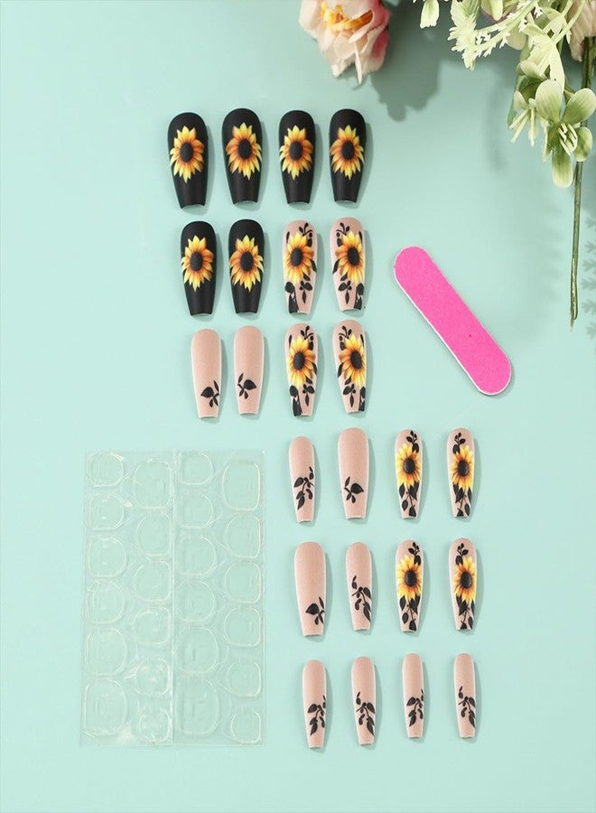 HJKDSFD Light Beige Press on Nails Sunflower Fake Nails Medium Length Coffin Shaped Acrylic Glue on Nail Matte Full Cover False Nails Fall Winter Acrylic Stick on Nail for Women Girls 24Pcs - Image 2