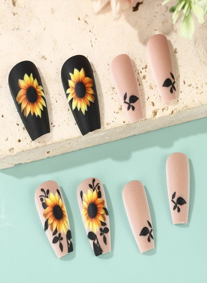 HJKDSFD Light Beige Press on Nails Sunflower Fake Nails Medium Length Coffin Shaped Acrylic Glue on Nail Matte Full Cover False Nails Fall Winter Acrylic Stick on Nail for Women Girls 24Pcs - Image 4