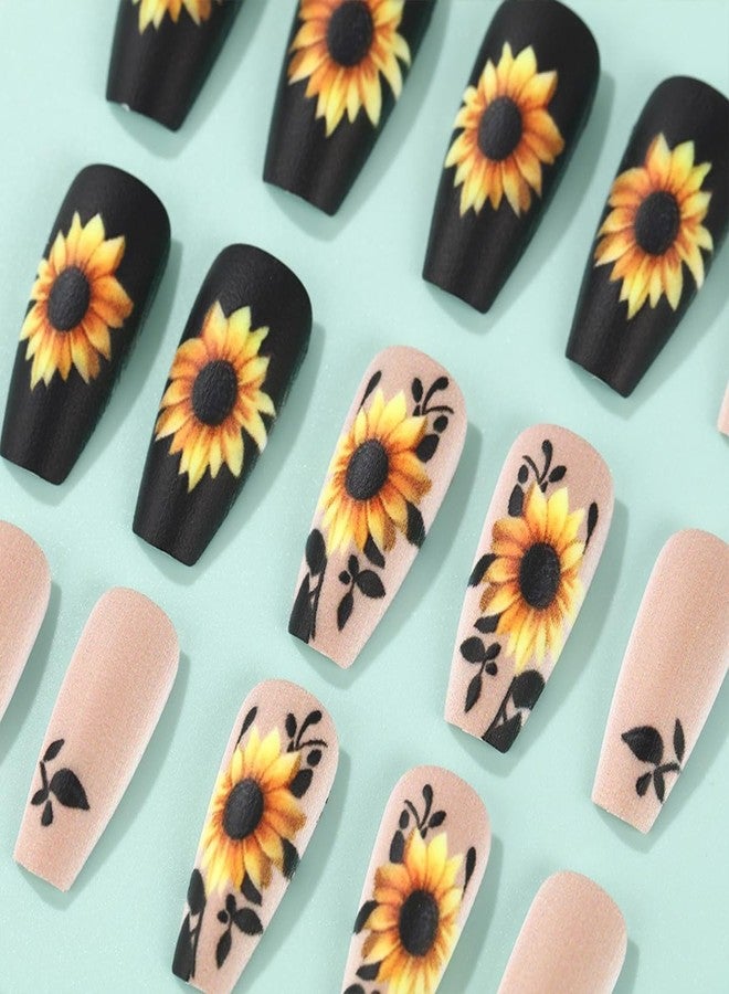 HJKDSFD Light Beige Press on Nails Sunflower Fake Nails Medium Length Coffin Shaped Acrylic Glue on Nail Matte Full Cover False Nails Fall Winter Acrylic Stick on Nail for Women Girls 24Pcs - Image 3