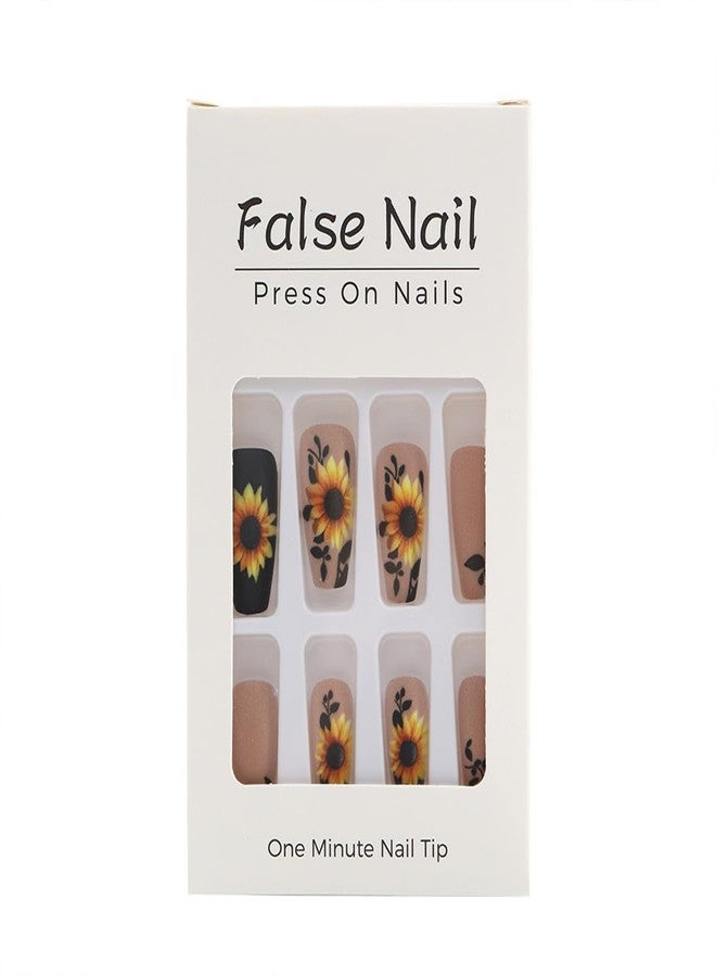 HJKDSFD Light Beige Press on Nails Sunflower Fake Nails Medium Length Coffin Shaped Acrylic Glue on Nail Matte Full Cover False Nails Fall Winter Acrylic Stick on Nail for Women Girls 24Pcs - Image 5