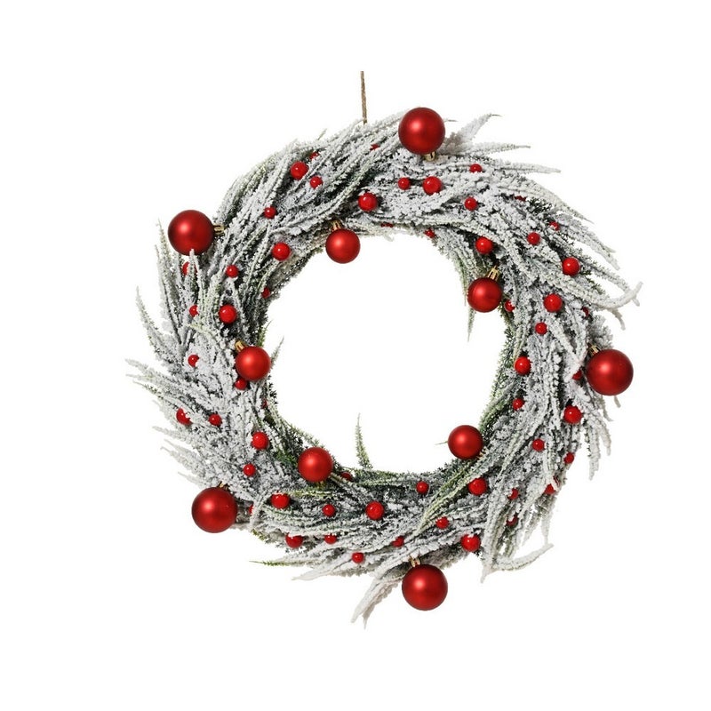 إكليل كامينغك - مغطى بالثلج مع كرات حمراء، زينة عيد الميلاد الداخلية، زينة طاولة عيد الميلاد وزينة المنزل، لمسة زخرفية شتوية موسمية