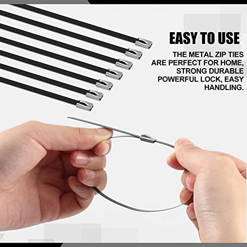 Pelopy 500 Pcs 11. 8 Inch Metal Zip Ties Black 304 Stainless Steel Zip Ties Epoxy Coated Tie Heavy Duty Cable Self Locking Cable Multi Purpose for Machinery Vehicles Exhaust Wrap Outdoor Fence Farms - Image 4