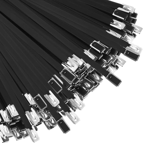 Pelopy 500 Pcs 11. 8 Inch Metal Zip Ties Black 304 Stainless Steel Zip Ties Epoxy Coated Tie Heavy Duty Cable Self Locking Cable Multi Purpose for Machinery Vehicles Exhaust Wrap Outdoor Fence Farms - Image 1