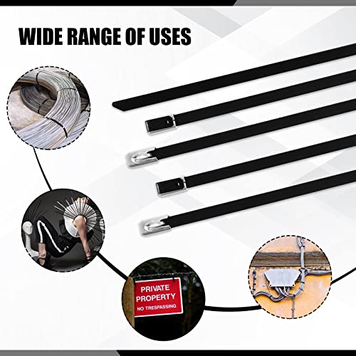 Pelopy 500 Pcs 11. 8 Inch Metal Zip Ties Black 304 Stainless Steel Zip Ties Epoxy Coated Tie Heavy Duty Cable Self Locking Cable Multi Purpose for Machinery Vehicles Exhaust Wrap Outdoor Fence Farms - Image 5