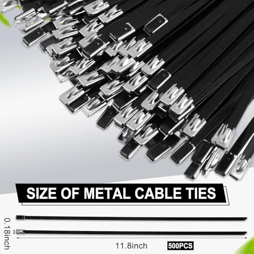 Pelopy 500 Pcs 11. 8 Inch Metal Zip Ties Black 304 Stainless Steel Zip Ties Epoxy Coated Tie Heavy Duty Cable Self Locking Cable Multi Purpose for Machinery Vehicles Exhaust Wrap Outdoor Fence Farms - Image 2