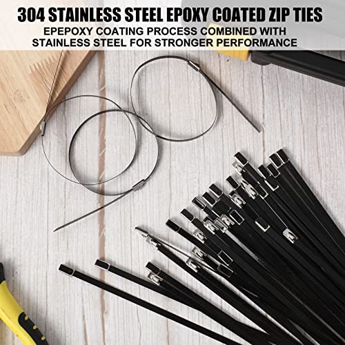 Pelopy 500 Pcs 11. 8 Inch Metal Zip Ties Black 304 Stainless Steel Zip Ties Epoxy Coated Tie Heavy Duty Cable Self Locking Cable Multi Purpose for Machinery Vehicles Exhaust Wrap Outdoor Fence Farms - Image 3