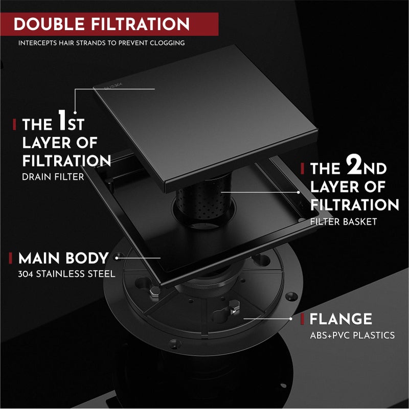 WEBANG 6 Inch Square Shower Drain Black Floor Drain with Flange Reversible 2-in-1 Cover Tile Insert Grate Removable SUS304 Stainless Steel CUPC Certified Matte Black - Image 4